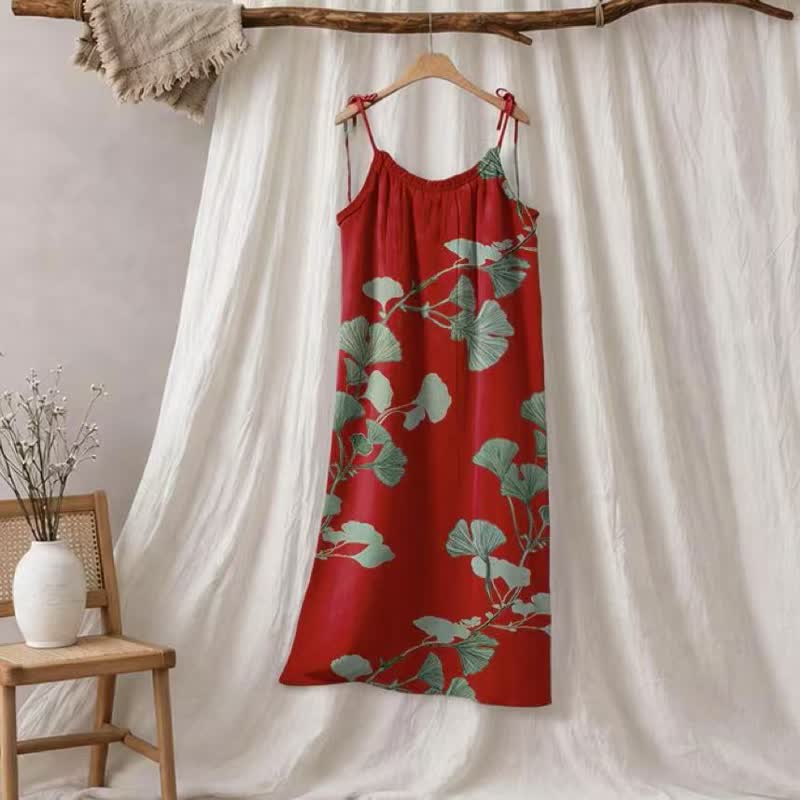Ginkgo Leaf Tie Strap Maxi Lounge Dress - Red & Green - XL - image 0