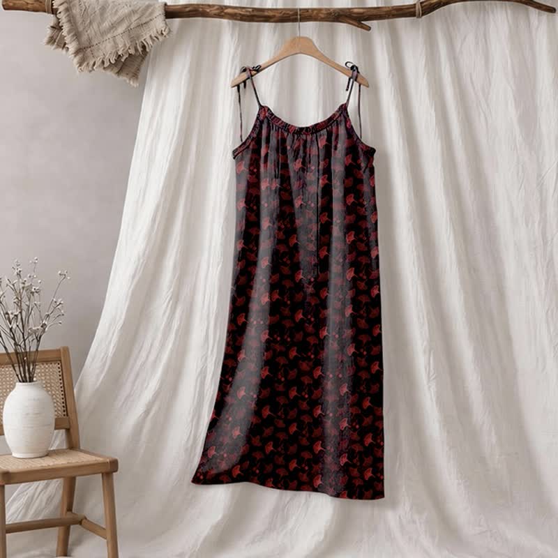 Ginkgo Floral Tie Strap Lounge Dress - Black & Red - XL - image 30