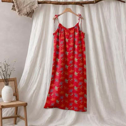 Ginkgo Floral Tie Strap Lounge Dress - Red & Green - XL - image 45