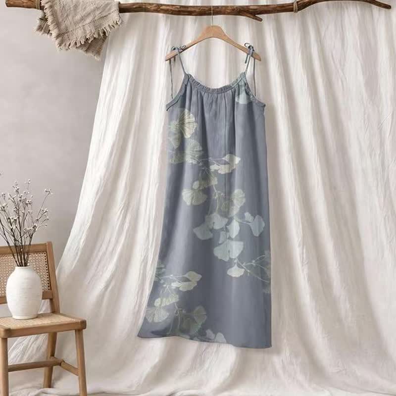 Ginkgo Leaf Tie Strap Cotton Lounge Midi Dress - Blue & Light Green - XL - image 0
