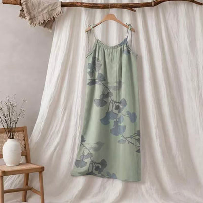 Ginkgo Leaf Tie Strap Cotton Lounge Midi Dress - Light Green & Blue - XL - image 5
