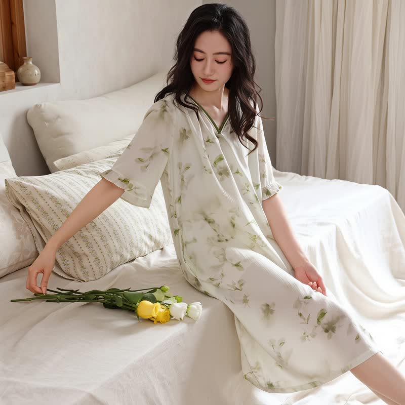Ownkoti Romantic Floral Lyocell V-Neck Lounge Sleep Dress - image 2