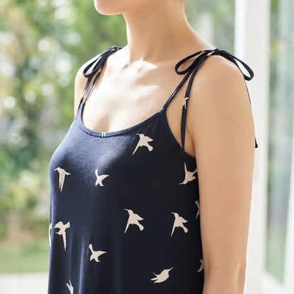 Ownkoti Bird Print Cotton Tie Strap Lounge Dress - image 3