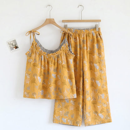 Ginkgo Leaf Print Tie-Shoulder Loungewear Set - image 0
