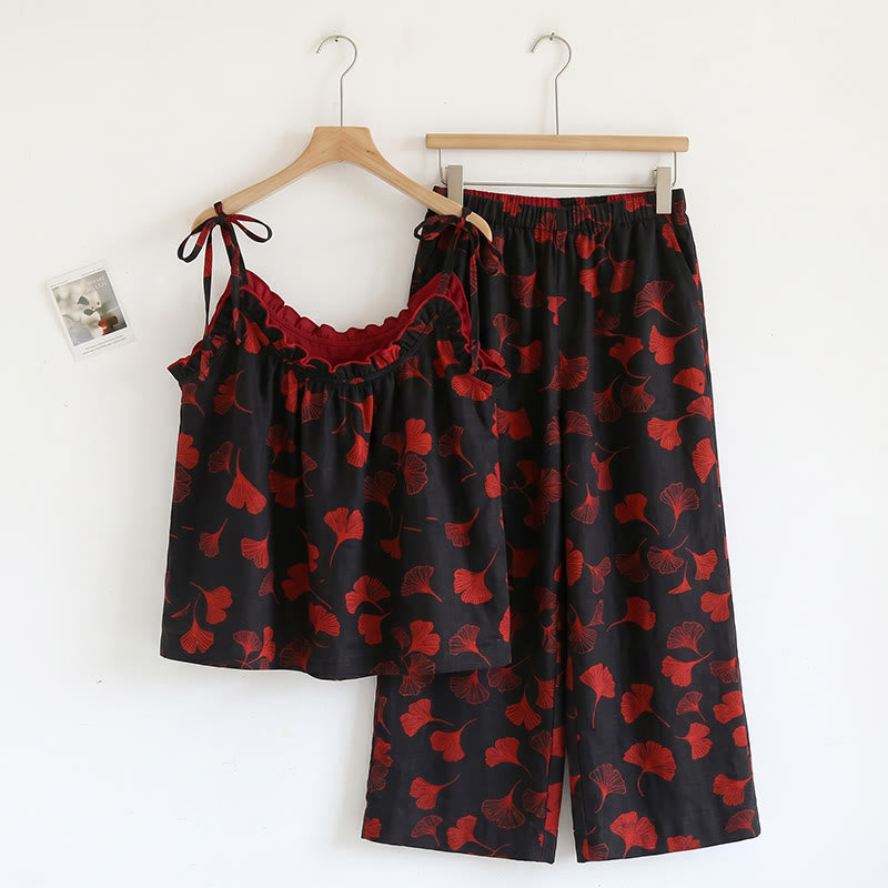 Ginkgo Leaf Print Tie-Shoulder Loungewear Set - Black & Red - XL - image 6