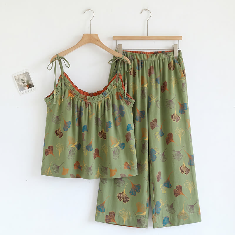 Ginkgo Leaf Print Tie-Shoulder Loungewear Set - Green & Red - XL - image 15