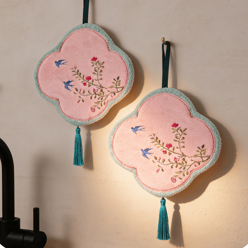 Bird & Floral Coral Fleece Hand Towel - LightPink - 9'' × 9'' - 2 PCS - image 0