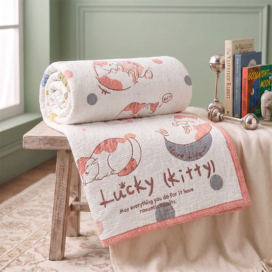 Lucky Kitty Lyocell Quilted Baby Blanket - White & Pink - Twin(59" × 79") - image 0