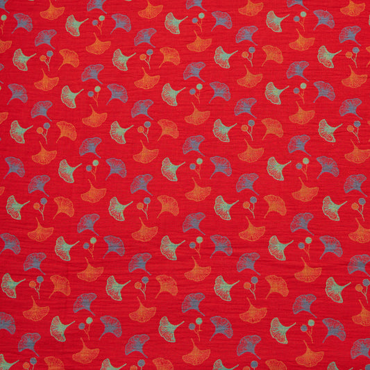 Ginkgo Leaf Cotton Jacquard Fabric - Red - Meter - 5M - image 0