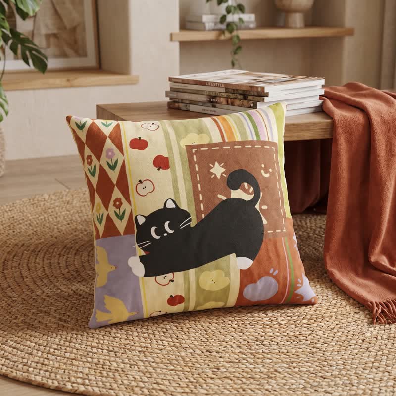 Whimsical Black Cat Patchwork Decorative Throw Pillow - image 1