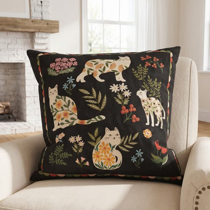 Midnight Cat Garden Velvet Throw Pillow - Black - 20" × 20" - Cover + Insert - image 3
