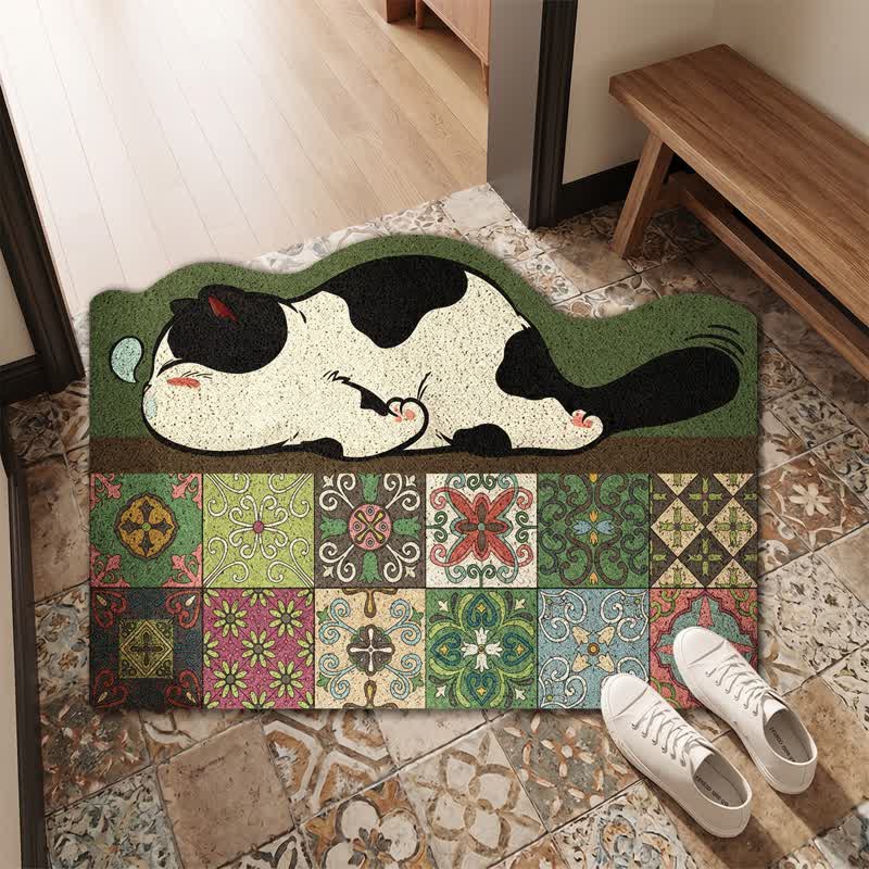 Sleeping Cat Scalloped Tile Entryway Rug - image 1