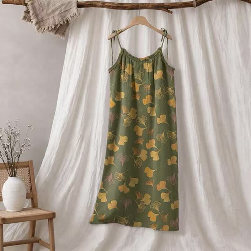 Ginkgo Leaf Tie Strap Lounge Midi Dress - Green & Yellow - XL - image 50