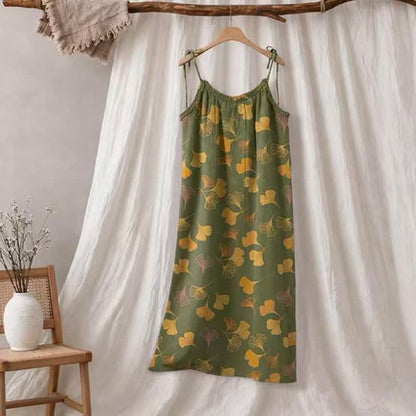 Ginkgo Leaf Tie Strap Lounge Midi Dress - Green & Yellow - XL - image 50