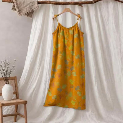 Ginkgo Leaf Tie Strap Lounge Midi Dress - Yellow & Green - XL - image 55