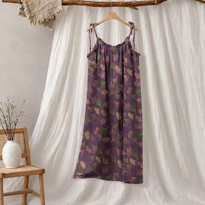 Ginkgo Leaf Tie Strap Lounge Midi Dress - Purple & Green - XL - image 70