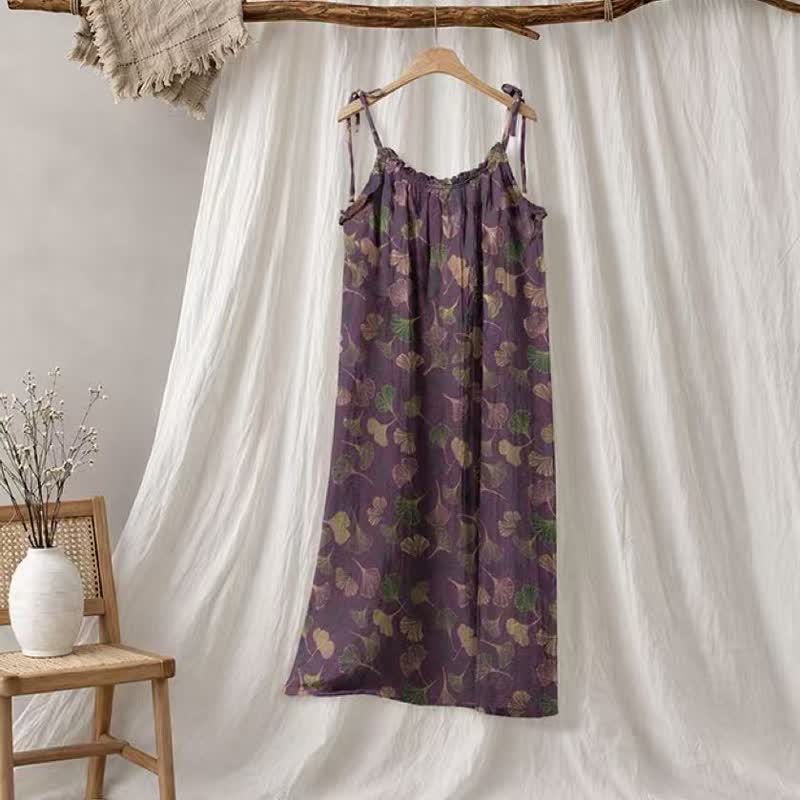 Ginkgo Leaf Tie Strap Lounge Midi Dress - Purple & Green - XL - image 5