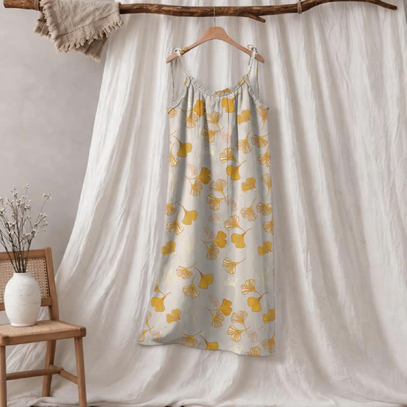 Ginkgo Leaf Tie Strap Lounge Midi Dress - Light Grey & Orange - XL - image 80
