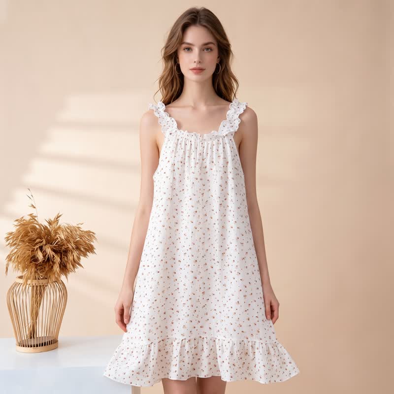 Cotton Floral Ruffle Strap Lounge Dress - image 1