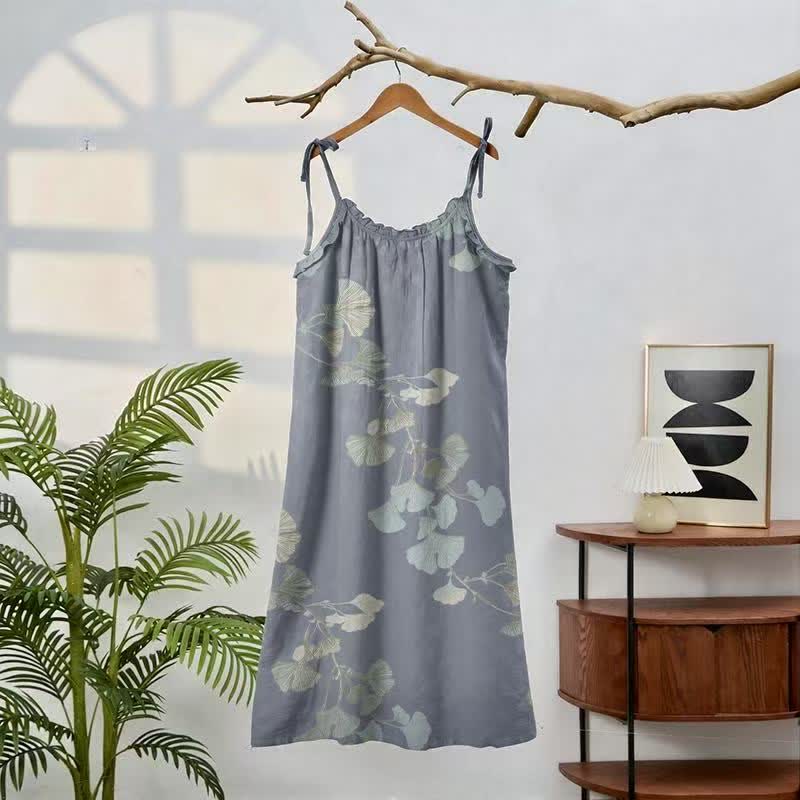 Ginkgo Leaf Tie Strap Cotton Lounge Midi Dress - image 1