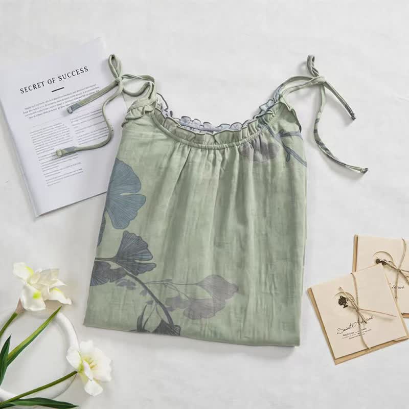 Ginkgo Leaf Tie Strap Cotton Lounge Midi Dress - image 7