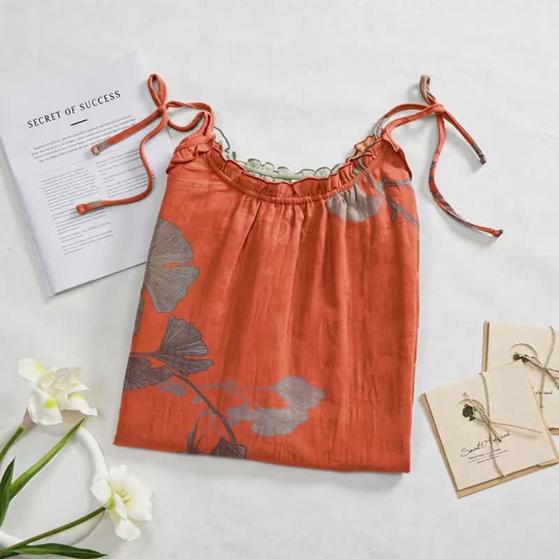 Ginkgo Leaf Tie Strap Cotton Lounge Midi Dress - image 12