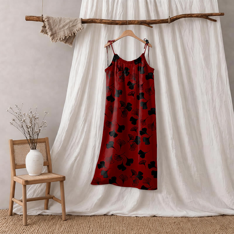 Ginkgo Leaf Tie Strap Lounge Midi Dress - Red & Black - XL - image 60