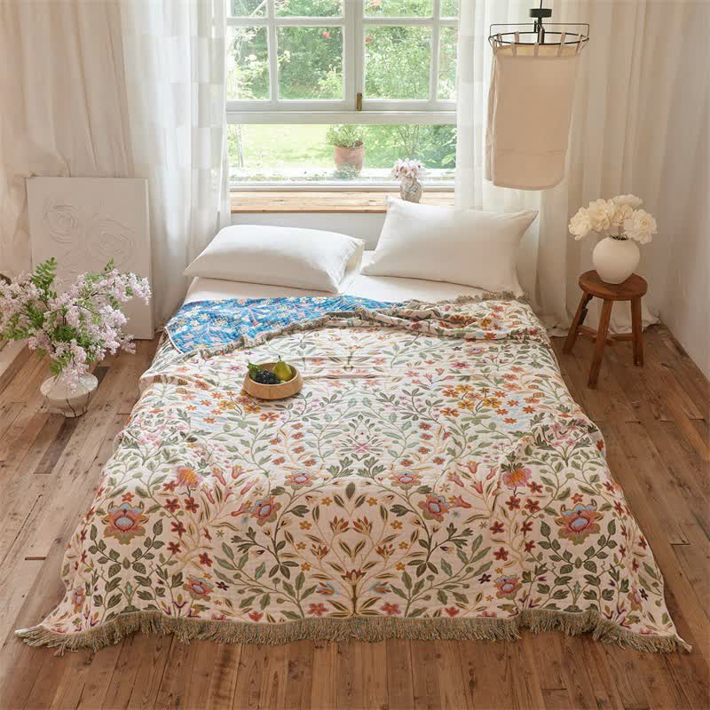 Floral Cotton Muslin Tassel Reversible Quilt - image 2