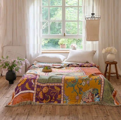 Boho Cotton Patchwork Floral Tassel Quilt - King - image 1