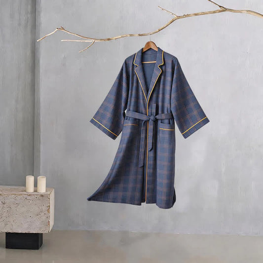 Unisex Style Plaid Cotton Bathrobe - Navy - 4XL - image 0