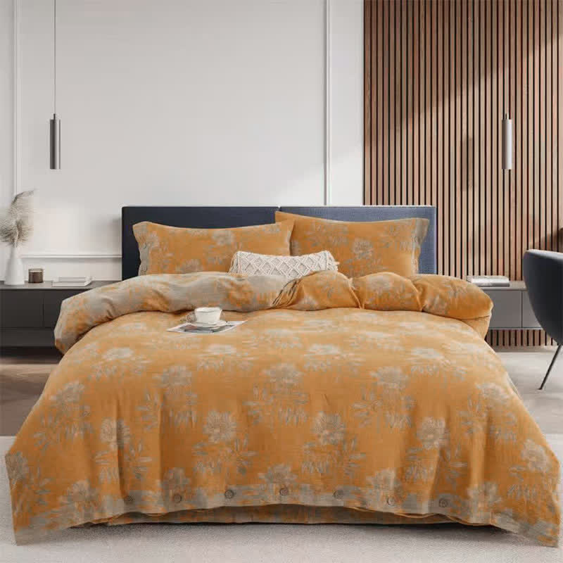 Floral Blossom Cotton Gauze Bedding Set(4PCS) - Orange - King - image 0