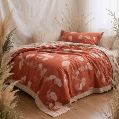 Red Ginkgo Leaf Pattern Cotton Blanket - image 1