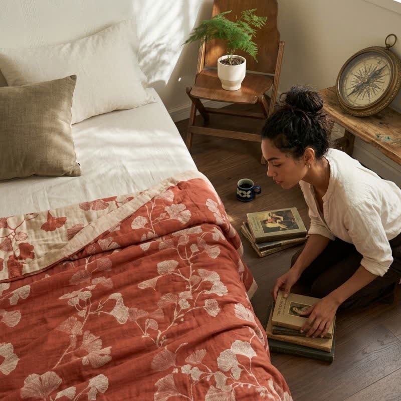 Red Ginkgo Leaf Pattern Cotton Blanket - image 4