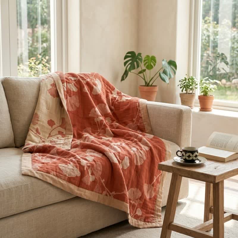 Red Ginkgo Leaf Pattern Cotton Blanket - image 2
