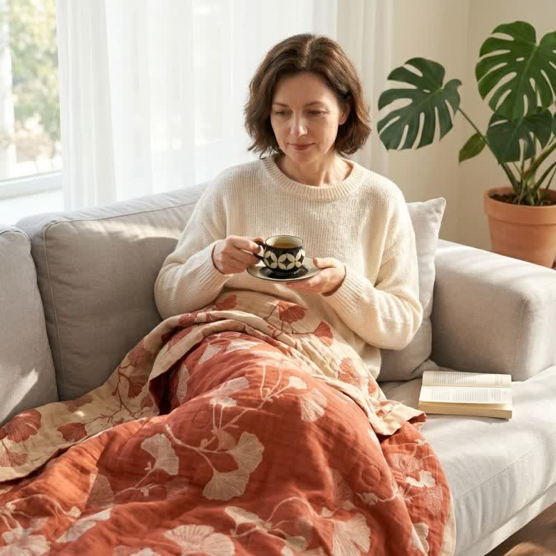 Red Ginkgo Leaf Pattern Cotton Blanket - image 3