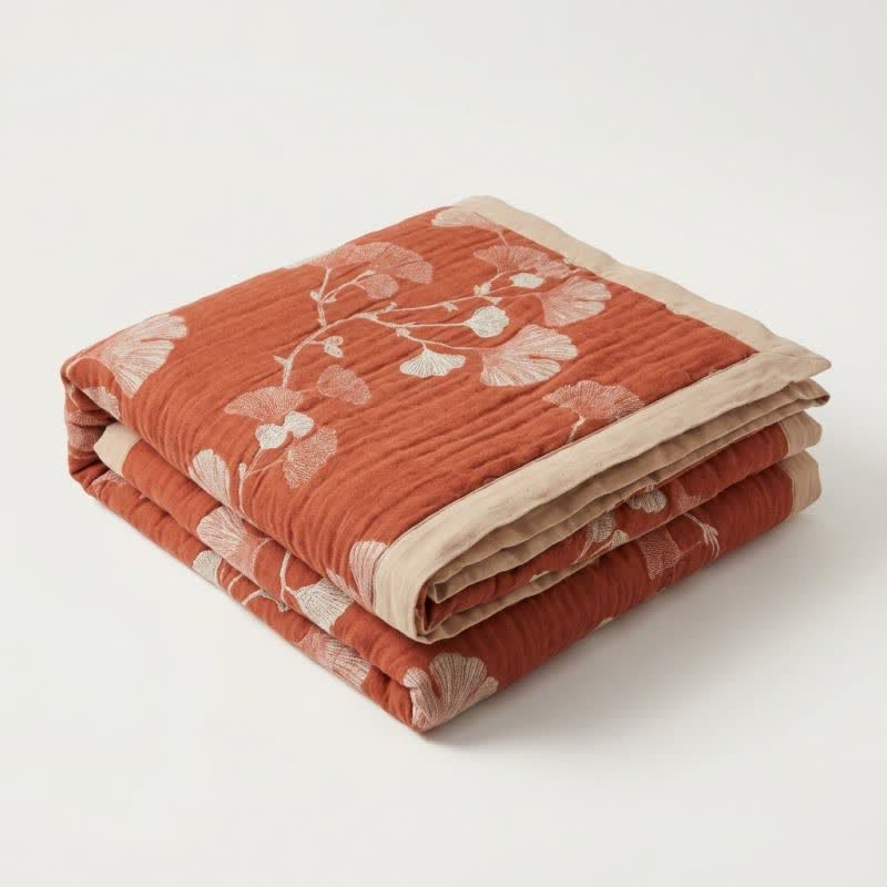 Red Ginkgo Leaf Pattern Cotton Blanket - image 5