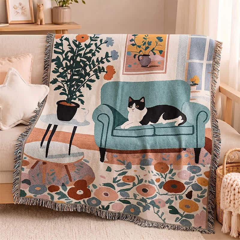 Boho Cat Woven Fringe Throw Blanket - Multicolor - 51" L × 71" W - image 0