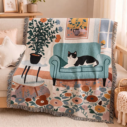 Boho Cat Woven Fringe Throw Blanket - Multicolor - 51" L × 71" W - image 0