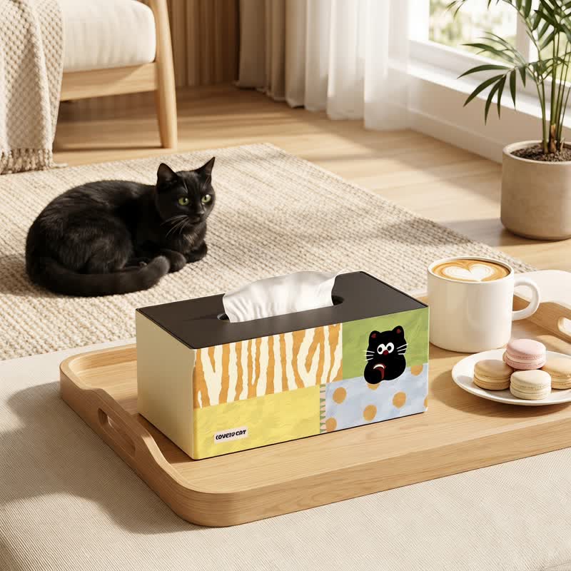 Playful Cat Patchwork Wooden Tissue Box Organizer - Multicolor - 11" L × 6" W × 5" H - Classic - image 0
