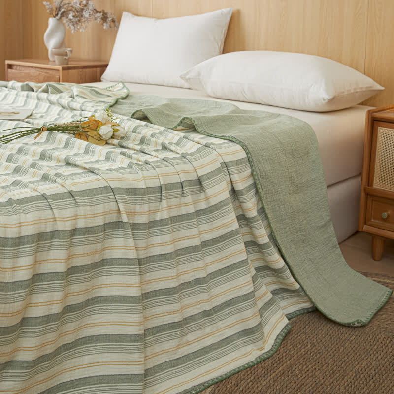 Soft Stripe Reversible Cotton Bedspread - Green-Yellow Stripe - 79" × 91" - image 5