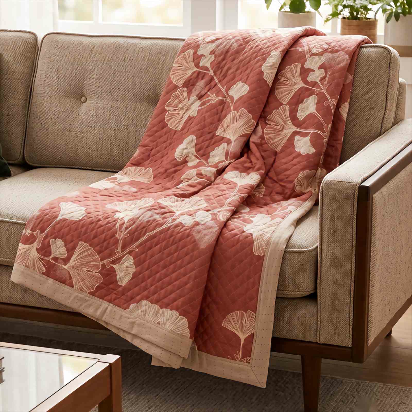 Red Ginkgo Leaf Pattern Cotton Blanket - image 7
