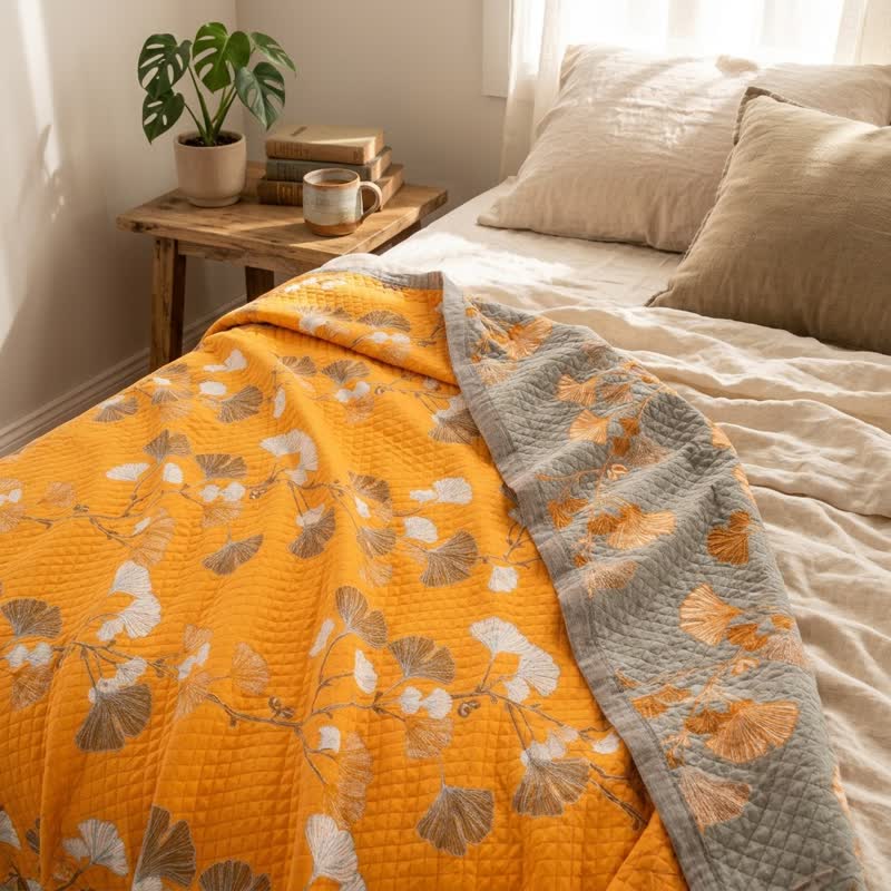 Reversible Ginkgo Botanical Quilted Blanket - image 7