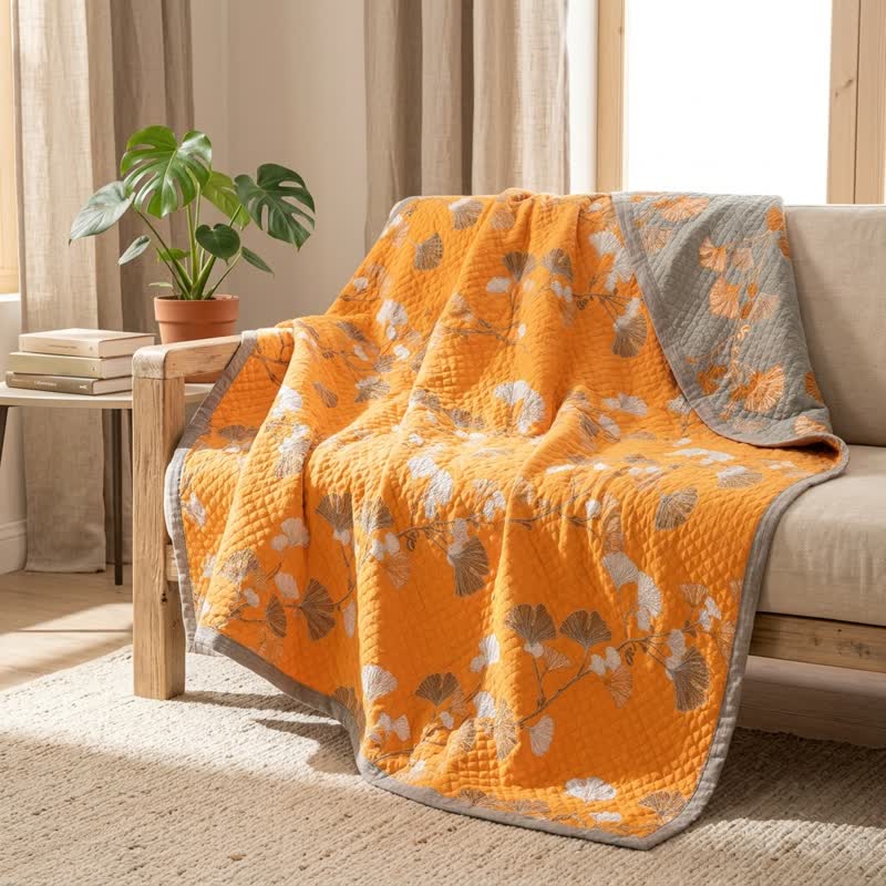 Reversible Ginkgo Botanical Quilted Blanket - image 6