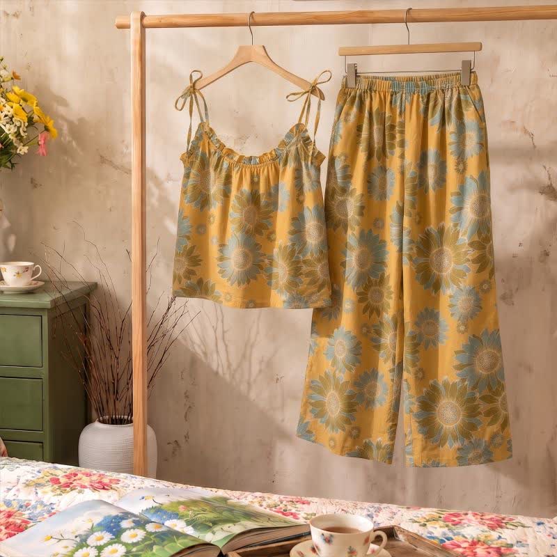 Sunflower Bloom Tie Strap Cami Loungewear Set - image 1