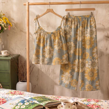 Sunflower Bloom Tie Strap Cami Loungewear Set - image 1