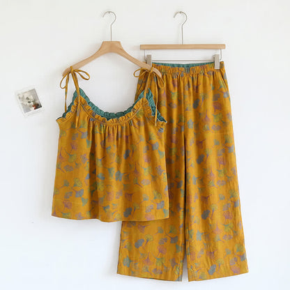 Ginkgo Leaf Print Tie-Shoulder Loungewear Set - Orange & Green - XL - image 3