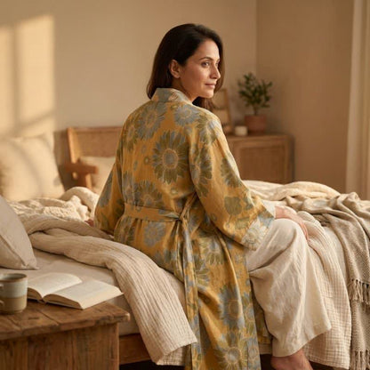 Vintage Sunflower Cotton Kimono Bathrobe - image 3
