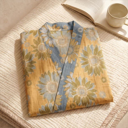 Vintage Sunflower Cotton Kimono Bathrobe - image 5
