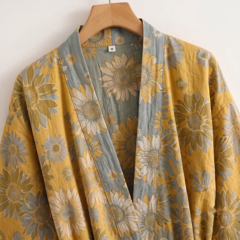 Vintage Sunflower Cotton Kimono Bathrobe - image 2