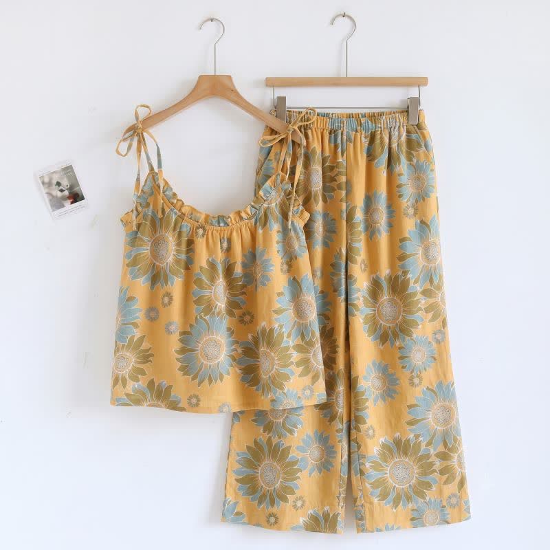 Sunflower Bloom Tie Strap Cami Loungewear Set - Orange - XL - image 0